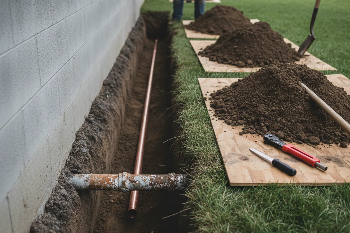 Excavated water line trench during Water Softener Installation in Hennepin